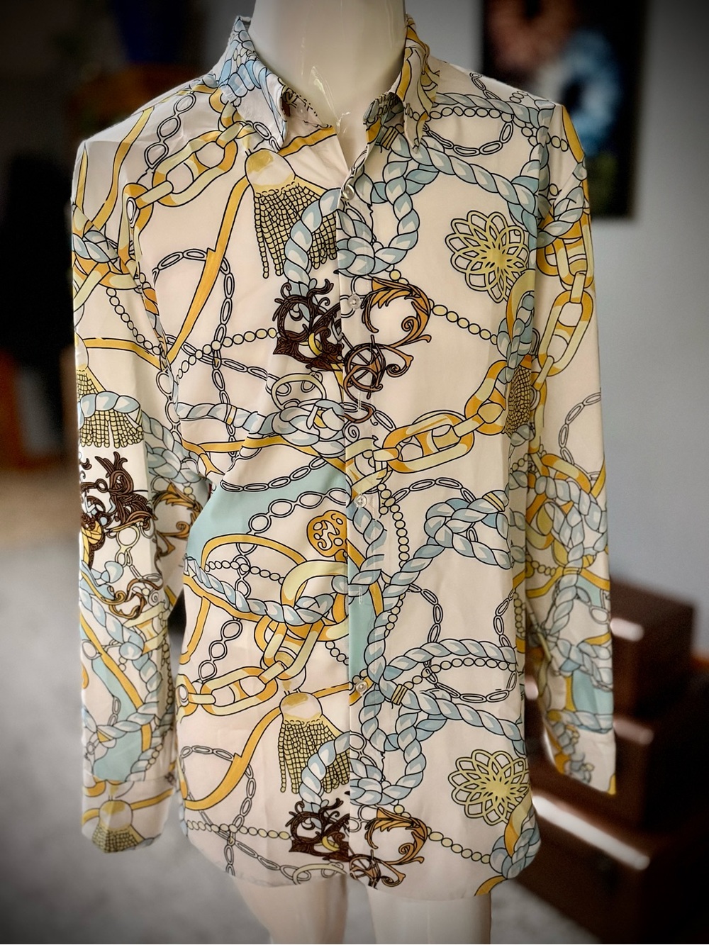 Men's Chain-Print Long-Sleeve Button-Down Shirt - White/Yellow/Blue